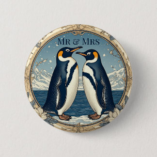 Mr & Mrs Penguin Couple Snow Winter Glacier Blue 6 Cm Round Badge