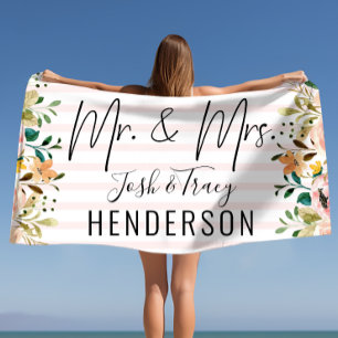 Mr. & Mrs. Personalised Names and Last Name Floral Beach Towel