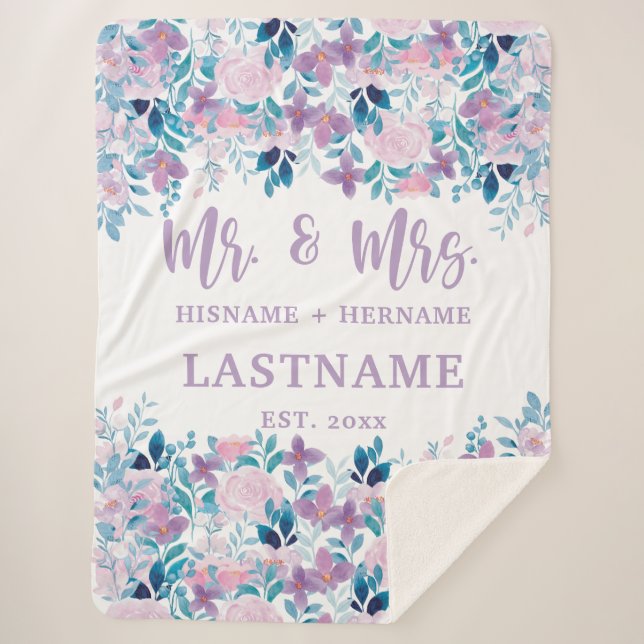 Mr & Mrs Personalised Sherpa Blanket with Flowers (Front)