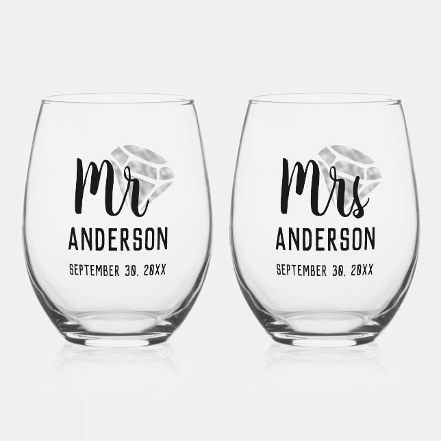 Mr & Mrs Personalised Stemless Wine Glass Set (Front)