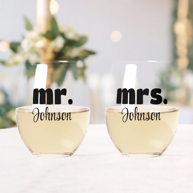 Mr. & Mrs. Personalised Wedding Chic Script Stemless Wine Glass (Insitu (Wedding))