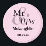 Mr & Mrs Personalised Wedding Couple Names Date Magnet<br><div class="desc">Personalised magnet for the happy couple featuring surname and wedding date.
Background colour is customisable.</div>