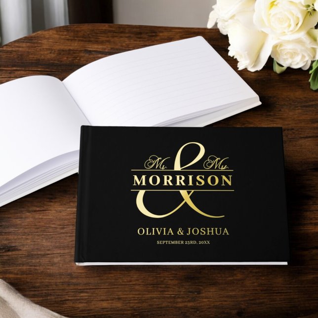 Mr Mrs Photo Black Elegant Modern Wedding Gold Guest Book (Creator Uploaded)