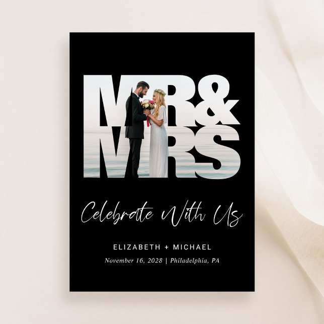 Mr Mrs Photo Black Wedding Reception Invitation (A chic wedding reception invitation to set the tone for an unforgettable event)