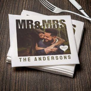 Mr & Mrs Photo Block Heart Anniversary Name Napkin