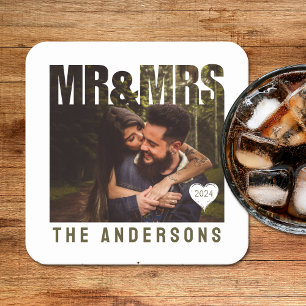Mr & Mrs Photo Block Heart Anniversary Name Square Paper Coaster