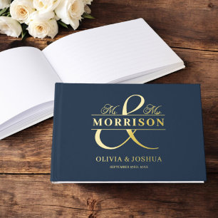 Mr Mrs Photo Navy Blue Elegant Modern Wedding Gold Guest Book