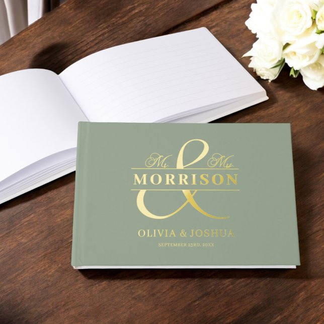 Mr Mrs Photo Sage Green Modern Wedding Gold Guest Book (Creator Uploaded)