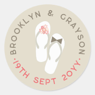 Mr & Mrs Pink Flowers Flip Flops Beach Wedding Classic Round Sticker