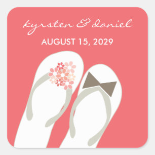 Mr & Mrs Pink Flowers Flip Flops Beach Wedding Square Sticker