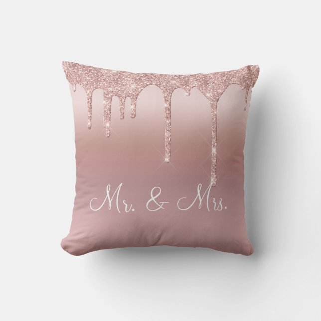Mr. & Mrs. Pink Glitter Elegant Wedding Cushion (Front)