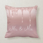 Mr. & Mrs. Pink Glitter Elegant Wedding Cushion<br><div class="desc">Beautiful pink satin-look glitter Mr. & Mrs.,  I love you pillow.  How pretty this would be on a bed or chase lounge in a bedroom.  One side is for-r the new Mr. and Mrs.  The other side has “I Love You” typography.</div>