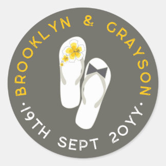 Mr & Mrs Pink Hibiscus Flip Flops Beach Wedding Classic Round Sticker