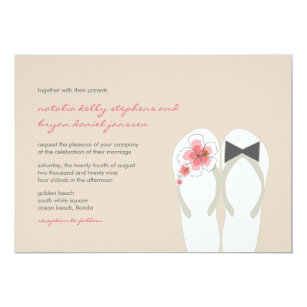 Mr & Mrs Pink Hibiscus Flip Flops Beach Wedding Invitation