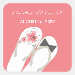 Mr & Mrs Pink Hibiscus Flip Flops Beach Wedding Square Sticker