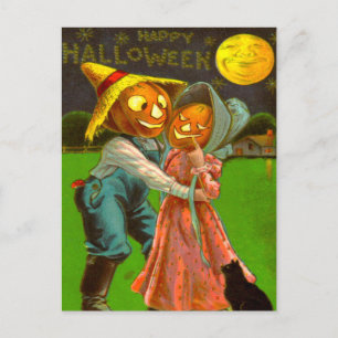 Mr. & Mrs. Pumpkin With Their Black Cat Postcard