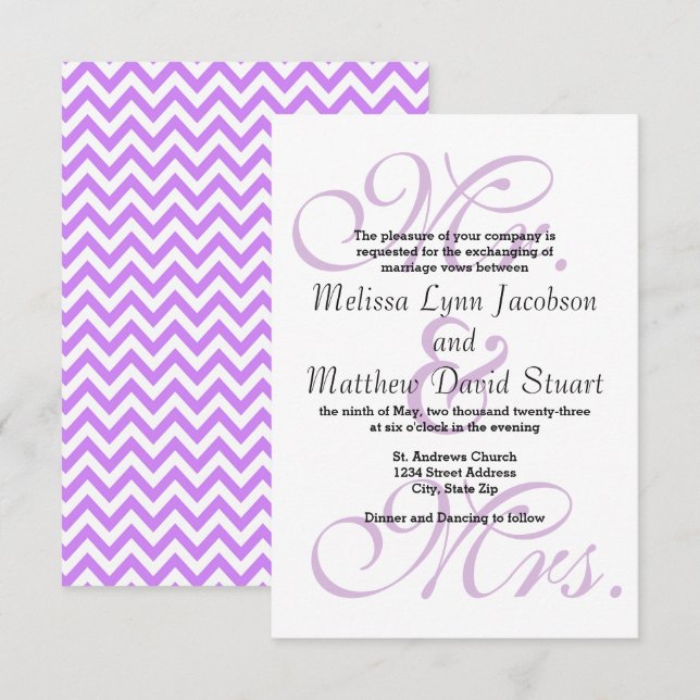 Mr. & Mrs. Purple Chevron - 3x5 Wedding Invitation (Front/Back)