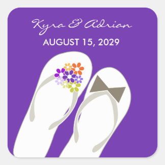 Mr & Mrs Purple Flowers Flip Flops Beach Wedding Square Sticker