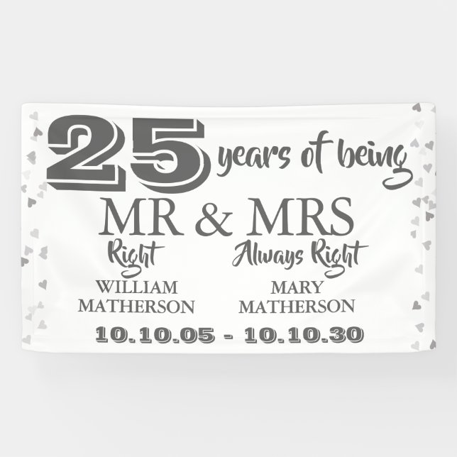 Mr Mrs Right Fun 25th Anniversary Silver Hearts Banner (Horizontal)