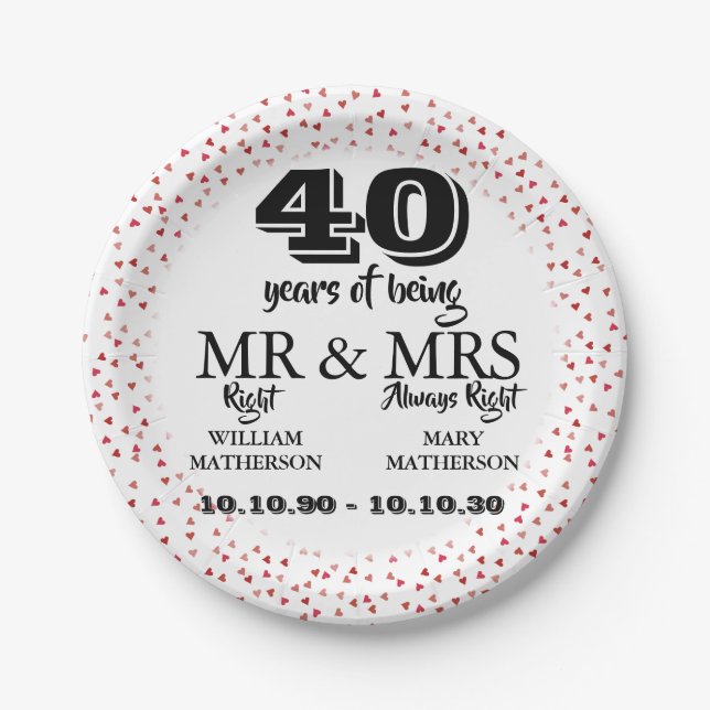 Mr Mrs Right Fun 40th Anniversary Ruby Hearts Paper Plate (Front)