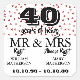 Mr Mrs Right Fun 40th Anniversary Ruby Hearts Square Sticker