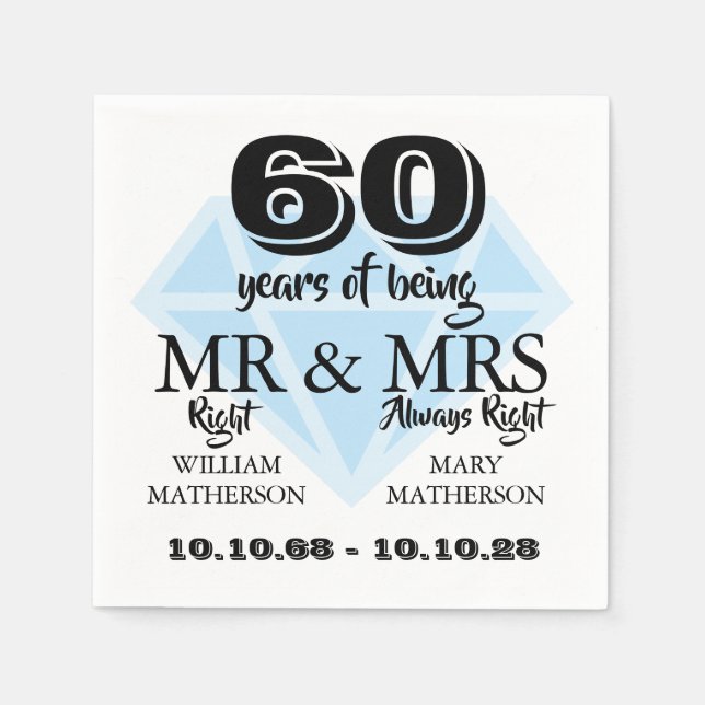 Mr Mrs Right Fun Diamond 60th Wedding Anniversary Napkin (Front)