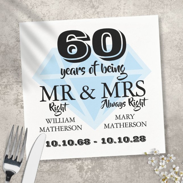 Mr Mrs Right Fun Diamond 60th Wedding Anniversary Napkin (Creator Uploaded)