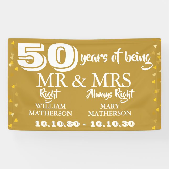 Mr Mrs Right Fun Golden 50th Wedding Anniversary Banner (Horizontal)