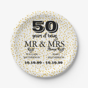 Mr Mrs Right Fun Golden 50th Wedding Anniversary Paper Plate