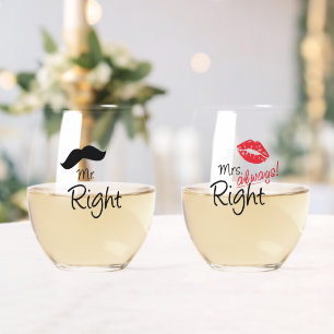 Mr & Mrs. Right Moustache Red Lips Wedding Stemless Wine Glass