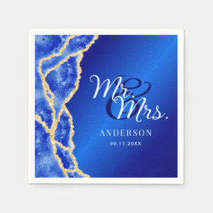 Mr & Mrs Royal Blue and Gold Agate Elegant Wedding Napkin