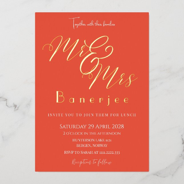 Mr & Mrs Royal Orange Red Wedding Foil Invitation (Front)