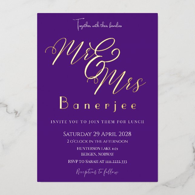 Mr & Mrs Royal Purple Wedding Foil Invitation (Front)