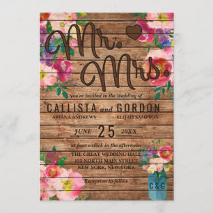 Mr. Mrs. Rustic Pink Floral Wood Mason Jar Wedding Invitation