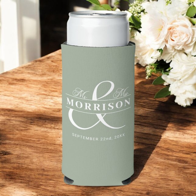  Mr Mrs Sage Green Rustic Wedding Favour Seltzer Can Cooler (Creator Uploaded)