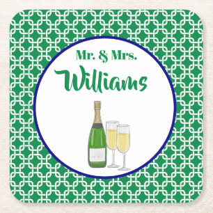 Mr. & Mrs. Script Bride & Groom Champagne Flutes Square Paper Coaster