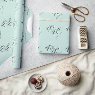 Mr & Mrs Script Calligraphy Custom Name Aqua Blue Wrapping Paper