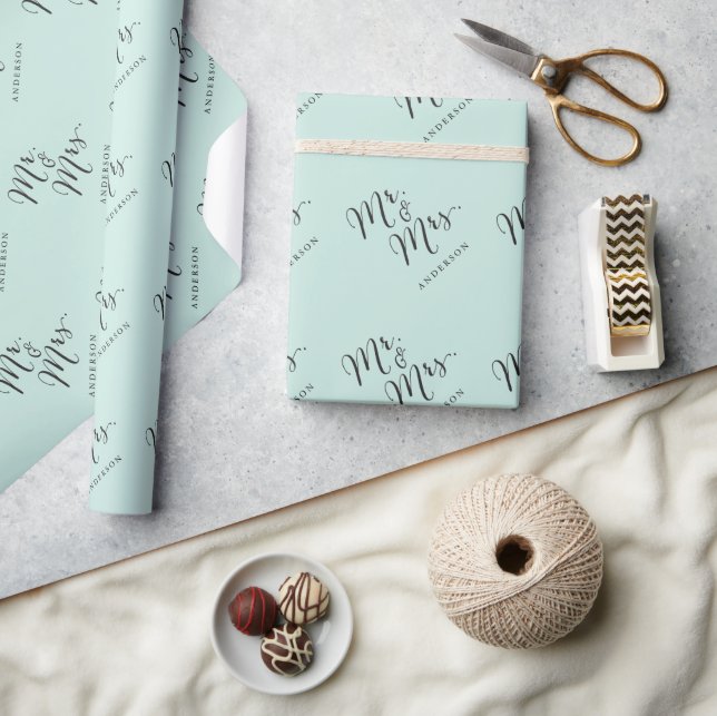 Mr & Mrs Script Calligraphy Custom Name Aqua Blue Wrapping Paper (Crafts)