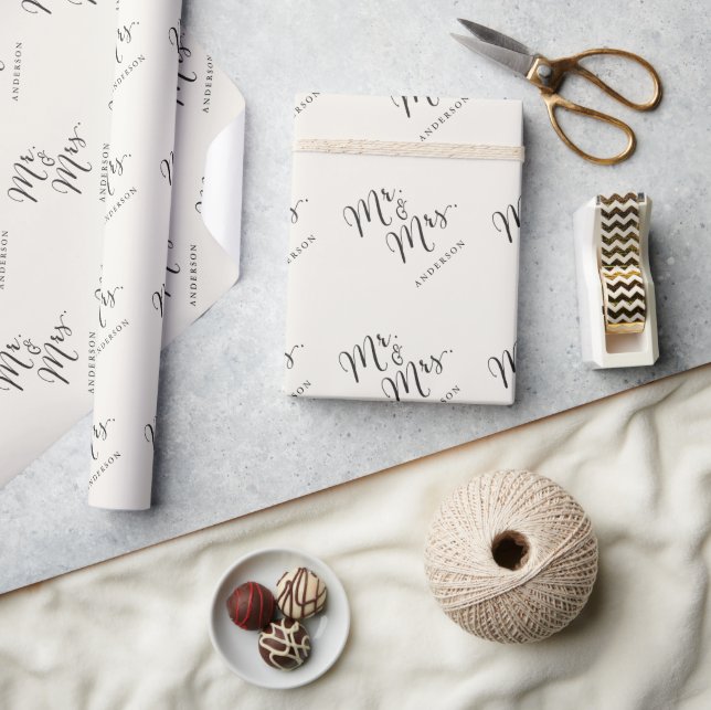 Mr & Mrs Script Calligraphy Your Name B&W Wedding Wrapping Paper (Crafts)