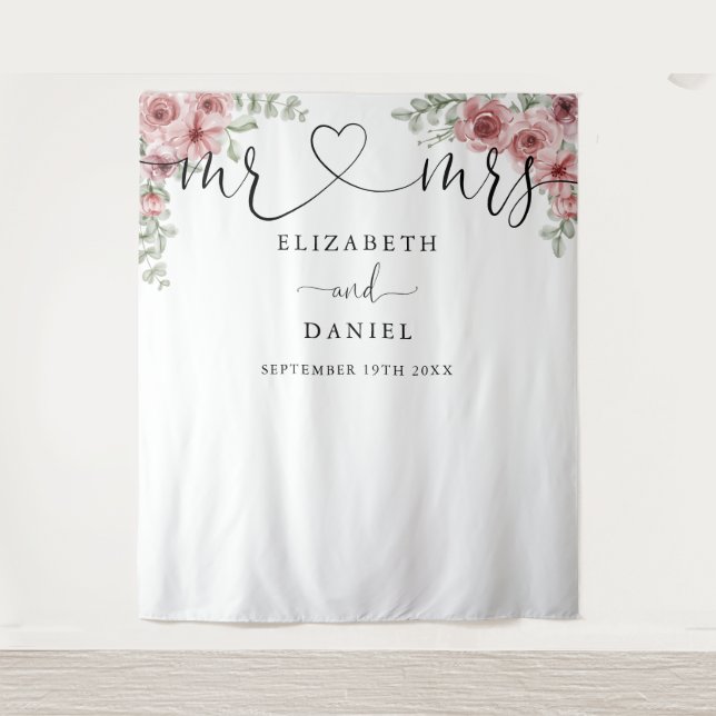 Mr Mrs Script Floral Wedding Photo Booth Backdrop Tapestry (Front)