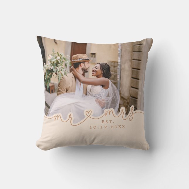 Mr Mrs Script Heart Photo Wedding Pillow (Front)