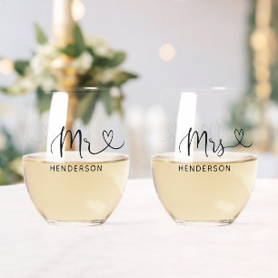 Mr Mrs Script Heart Wedding Stemless Wine Glass