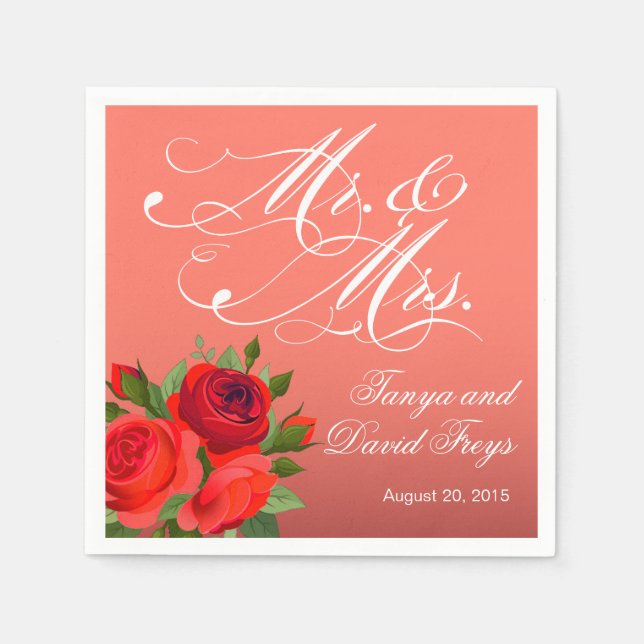 Mr. & Mrs. Script Typography Roses Floral coral Napkin (Front)