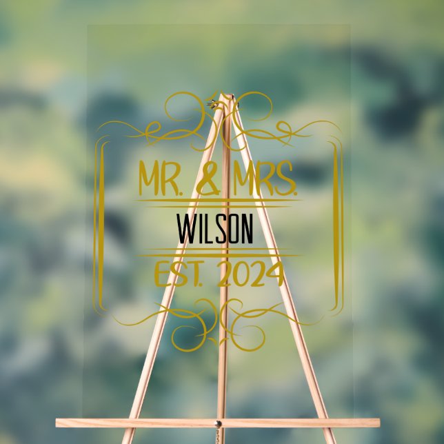 Mr. & Mrs. Scroll Add Name Gold Acrylic Sign (Neutral)