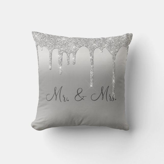Mr. & Mrs. Silver Glitter Wedding Keepsake Elegant Cushion (Front)