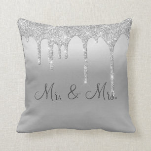 Mr. & Mrs. Silver Glitter Wedding Keepsake Elegant Cushion