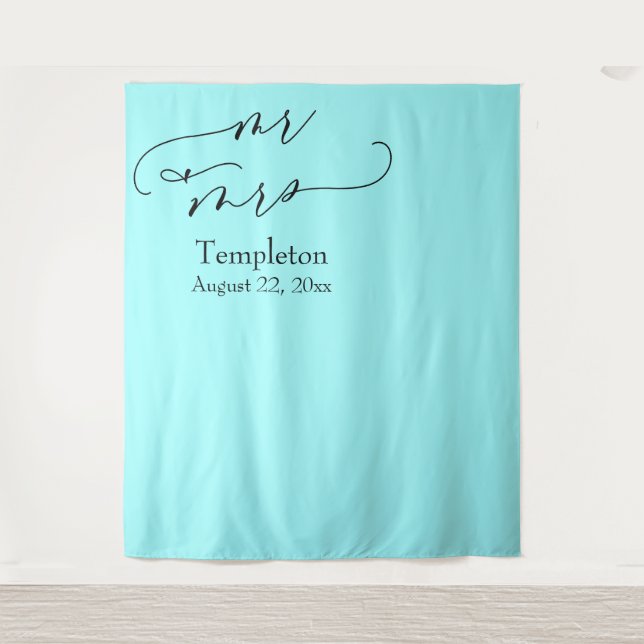 Mr & Mrs Simple Left Aligned Aqua Photo Backdrop Tapestry (Front)