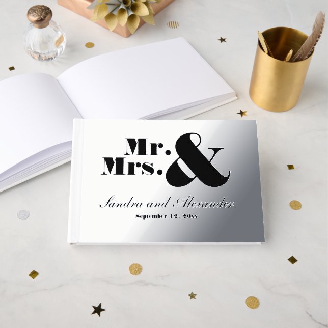 Mr Mrs Simple  Silver Foil White  Script Wedding Guest Book (Front Open)