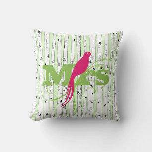 Mr Mrs Spring Green and Fuchsia Birch Tree Bird Cushion