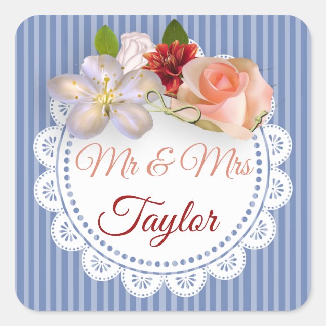 Mr & Mrs Stickers Blue and Coral Floral Rose (Front)